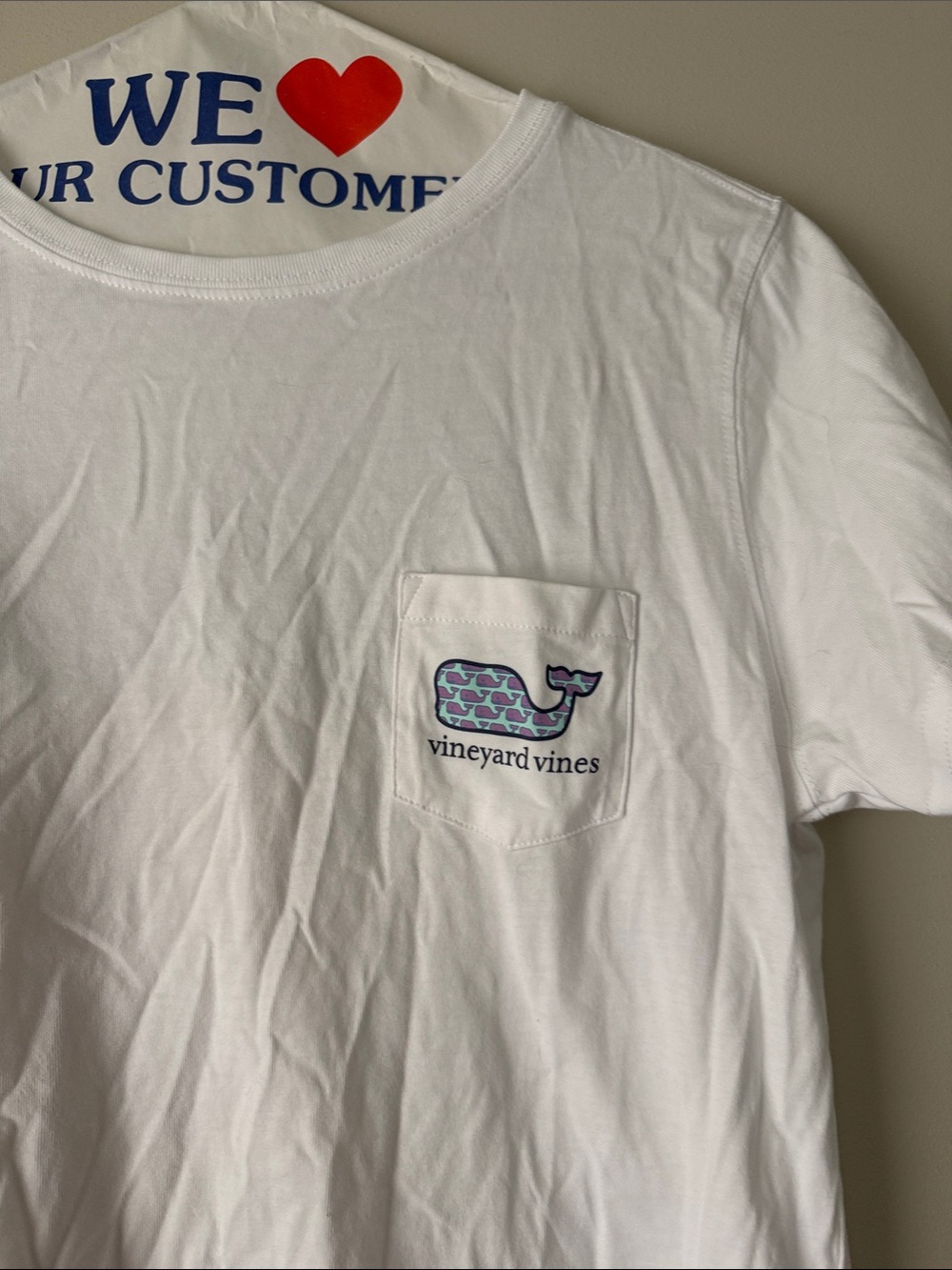Vineyard Vines White Pocket Tee with Purple & Teal Whale